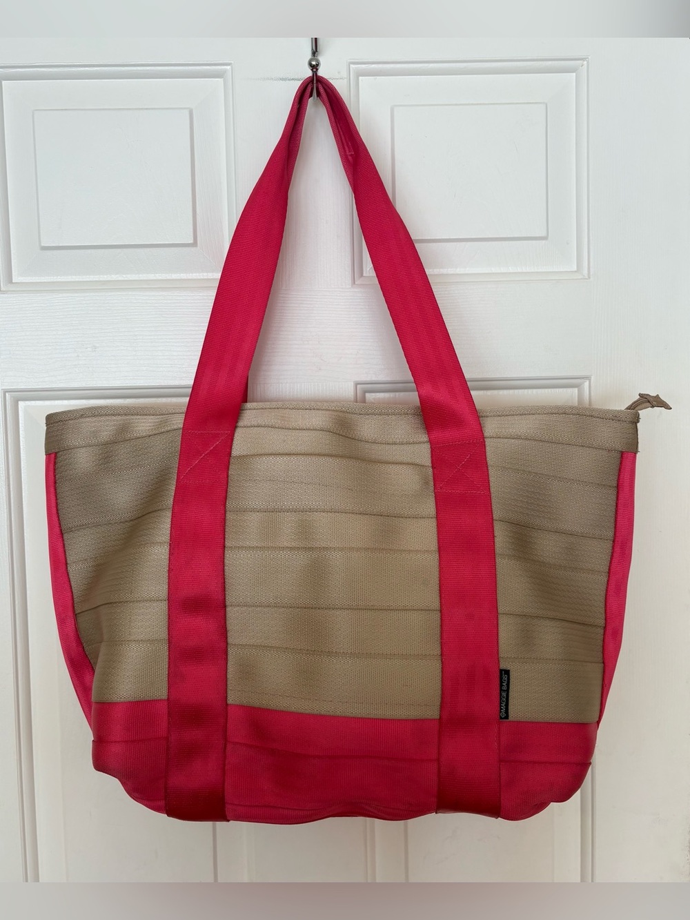 MAGGIE BAGS Genuine Seat Belt Webbing  Shoulder Large Tote Bag Tan/Pink